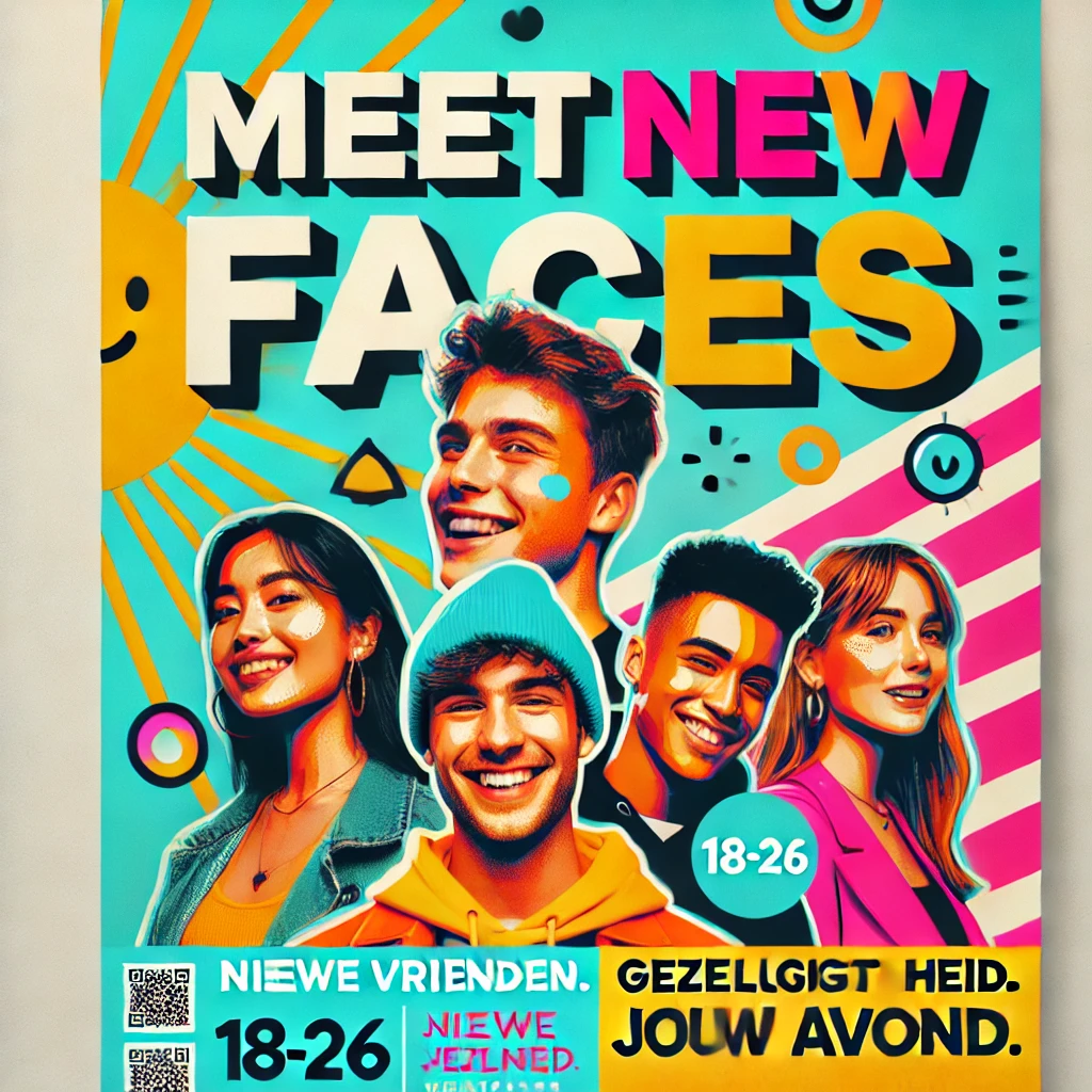 dall e 2024 12 06 23 24 10 a vibrant and youthful poster design for a meet new faces event targeted at young people aged 18 26 the design features modern energetic colors li